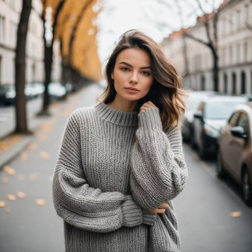 Woman in Grey Sweater on Autumn Street
