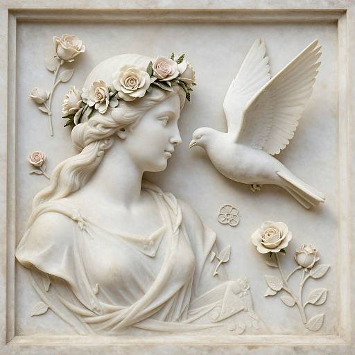 Photograph of a white marble relief sculpture depicting a classical-style woman with a rose crown, looking at a flying dove, surrounded by roses.