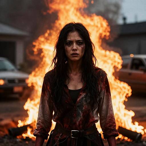 Fiery Scene with Dark-Haired Woman