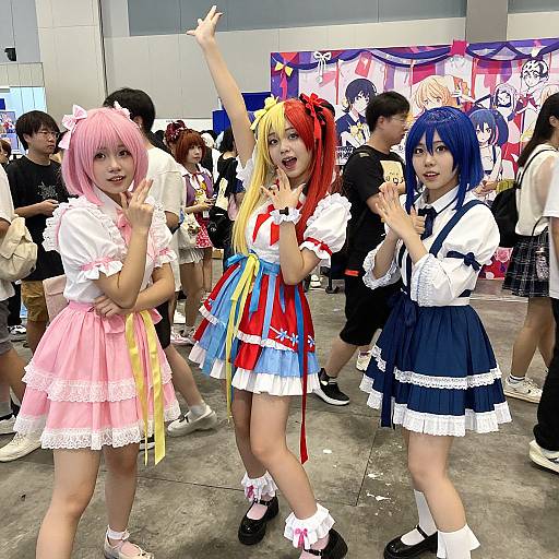 Photograph of three Asian women in colorful cosplay outfits, pink, red, and blue hair, performing excitedly at a crowded anime convention with vibrant background