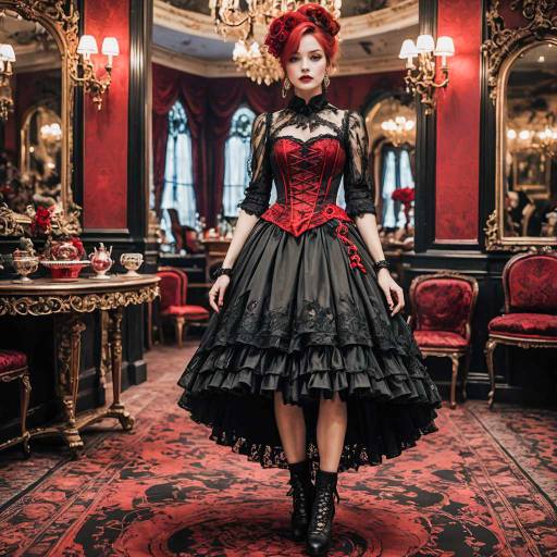 Gothic Red and Black Dress in Elegant Tea Room