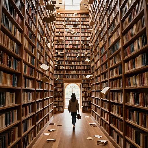 Photograph of a library aisle with wooden shelves filled with books, a person in a dark coat walking away, papers scattered on the floor, bright light