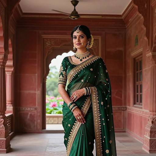 Photograph of a beautiful Indian woman in a green saree with gold embroidery, standing in a red stone archway corridor, adorned with traditional jewelry and