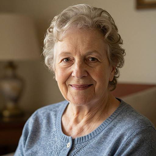 Photograph of an elderly woman with short, curly gray hair, smiling softly. She wears a blue sweater, sunlight illuminating her face. Background includes