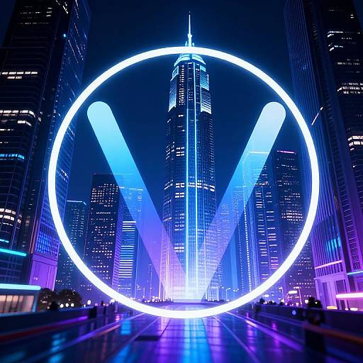 Neon-lit, circular light installation in front of towering skyscrapers at night, with vibrant blue and purple lights creating a futuristic cityscape effect