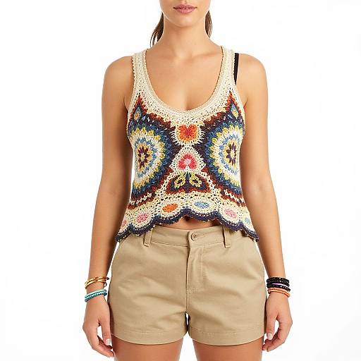 Photograph of a woman with tan skin, brown hair in a ponytail, wearing a colorful crochet tank top and beige shorts.