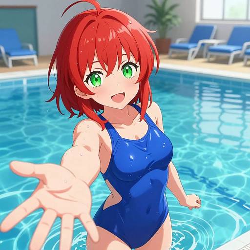 Anime-style digital drawing of a red-haired, green-eyed girl in a blue one-piece swimsuit, reaching out from a sunlit swimming pool.