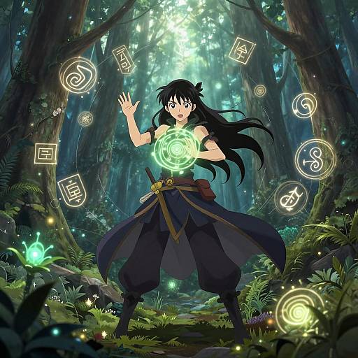 Anime-style digital drawing of a black-haired mage in a forest, casting glowing magical symbols with a green orb in a hand.