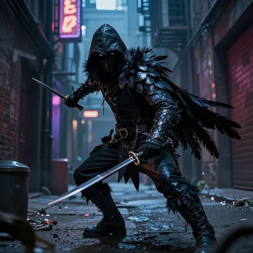 Stealthy Crow Assassin in Neon Alley