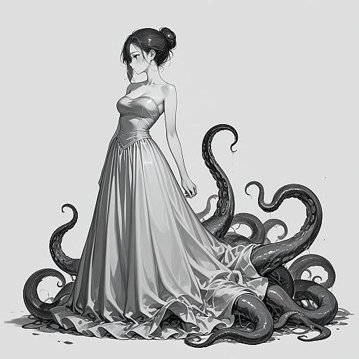 Monochrome Anime Girl with Tentacles
