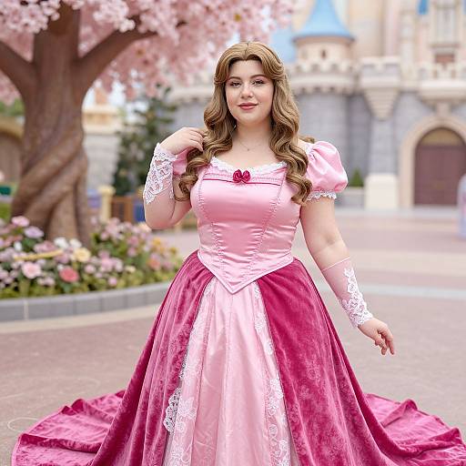 Digital illustration of a fair-skinned, brown-haired woman in a pink and magenta princess gown with lace sleeves, standing in front of a cherry blossom