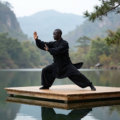 Photograph of a Black man in black martial arts attire performing a wide-legged stance on a wooden dock, with a serene lake and forested mountains in