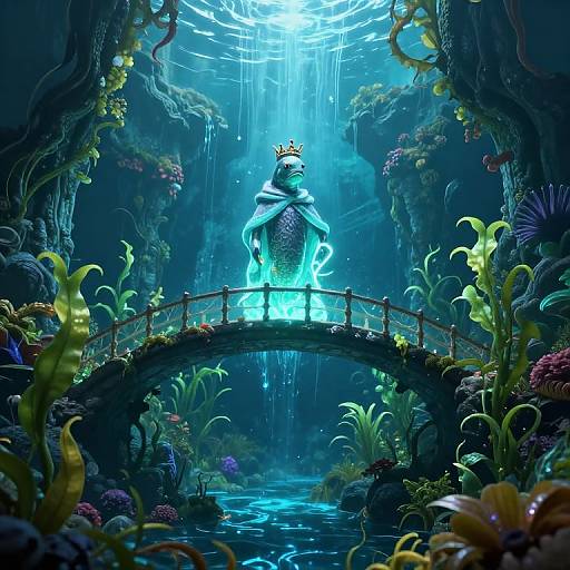 Digital artwork of a glowing, crowned fish creature standing on a bioluminescent bridge in a vibrant, underwater cave surrounded by exotic plants and glowing water