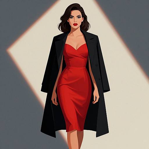 Digital illustration of a confident woman with dark hair, red lipstick, and red dress, wearing a black coat, walking against a blue background with a white