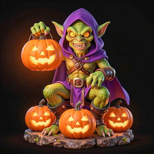 Creepy Goblin with Glowing Jack-o'-lanterns