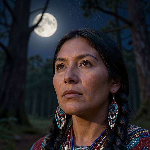 Photograph of a Native American woman with dark hair, wearing ornate earrings and beaded necklace, gazing at a full moon in a forest at