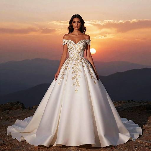 Photograph of a woman in an off-shoulder, white satin wedding gown with gold floral embroidery, standing against a sunset mountain backdrop.