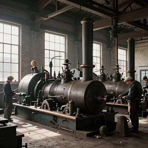 Photograph of an industrial workshop with two large, cylindrical steam engines, two men in work attire, sunlight through large windows, brick walls, and metal