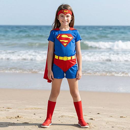 Photograph of a smiling young girl in a Superman costume, standing on a sunny beach with waves in the background.