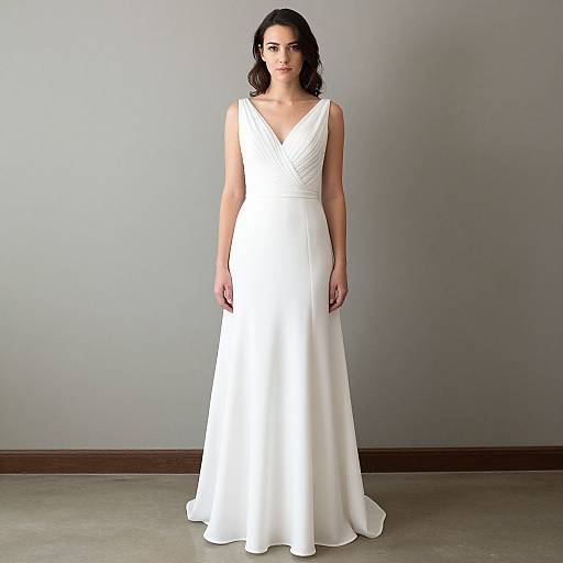 Photograph of a brunette woman with wavy hair, wearing a sleeveless, V-neck, white bridal gown, standing against a plain gray wall.