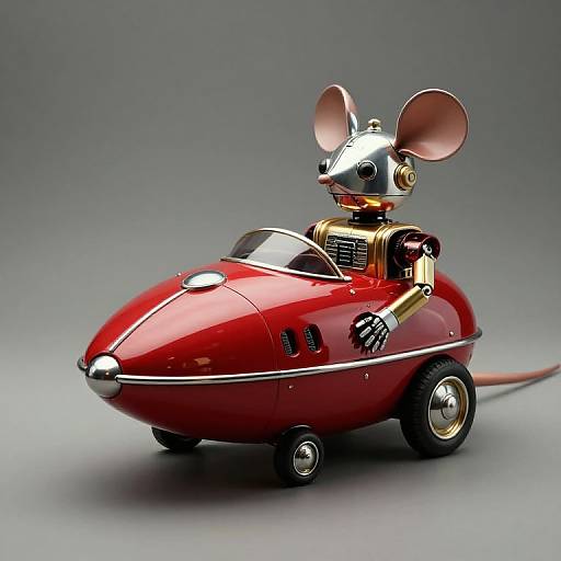 Photorealistic CGI of a shiny, red, futuristic mouse car with chrome details, large ears, and a robotic mouse driver, set against a gradient