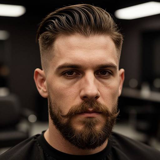 Photograph of a bearded man with styled brown hair, intense gaze, and dark black shirt, set against a blurred background.