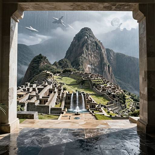 Photograph of Machu Picchu ruins with a cascading waterfall, rain, and two flying planes in the misty, mountainous background, viewed