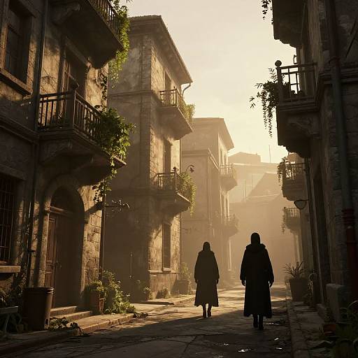 Photograph of a sunlit, misty, narrow, stone alleyway with two silhouetted figures walking away; old, weathered buildings