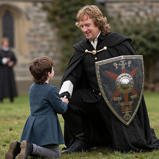 Photograph of a curly-haired man in medieval knight attire with black cloak and shield, kneeling on grass, smiling, holding hands with a young boy in