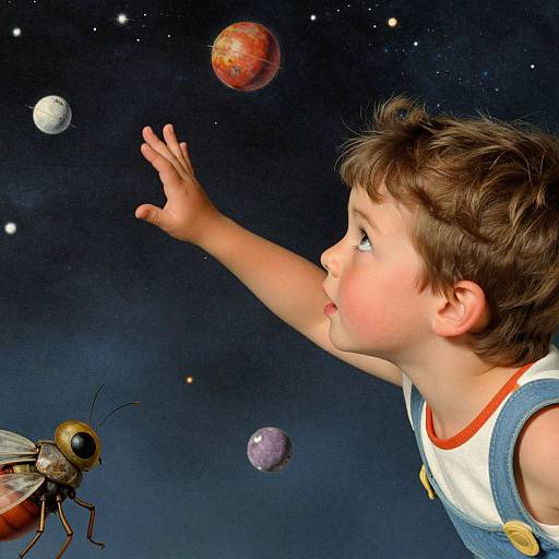 Photorealistic digital illustration: Curious brown-haired child in blue overalls reaches toward a giant insect against a starry, planetary night sky.