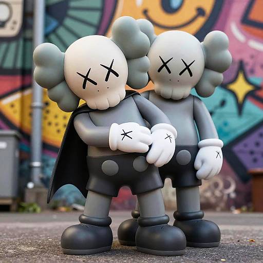 Photograph of two stylized, gray, cartoon-like characters with white X-marked faces, black shorts, gloves, and cape, standing close in