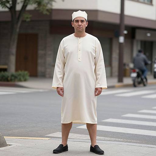 Photograph of a middle-aged man standing on a city street, wearing a white traditional Islamic thobe and cap, black shoes, with a neutral expression