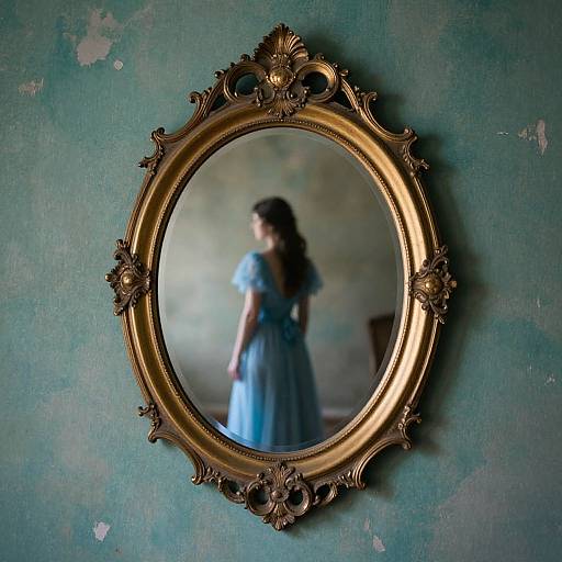 Vintage oval mirror with ornate gold frame reflects a blurred image of a woman in a blue dress, standing against a worn, teal wall. Photograph.