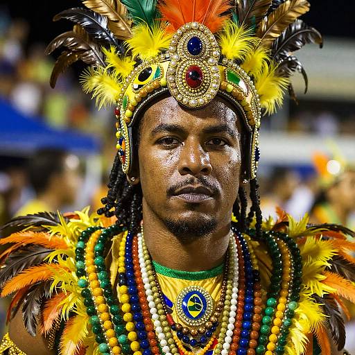 Photograph of a muscular Black man in vibrant Carnival costume with colorful feathers, beaded necklaces, and ornate headpiece, gazing forward.