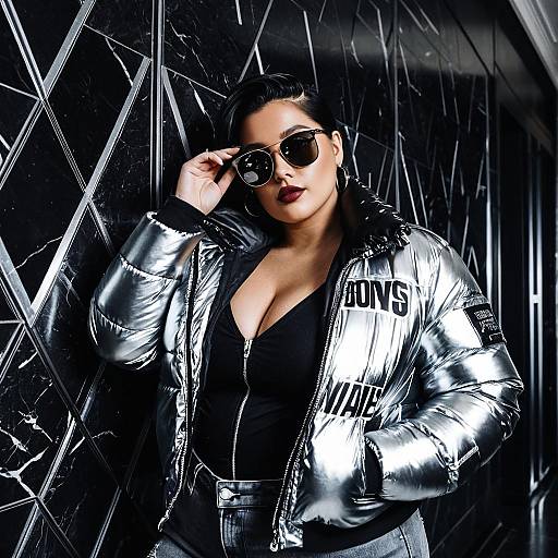 Woman in Metallic Silver Puffer Jacket and Sunglasses