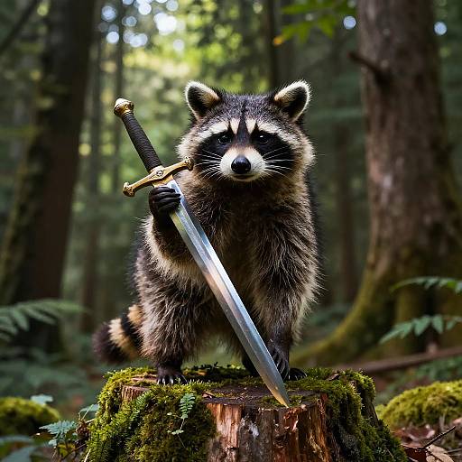 Photograph of a fierce raccoon standing on a moss-covered tree stump, holding a sword with both paws in a dense, sunlit forest.