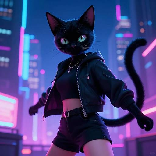 Digital art of a black-furred, anthropomorphic cat with glowing green eyes, wearing a black crop top and jacket with high-waisted shorts,