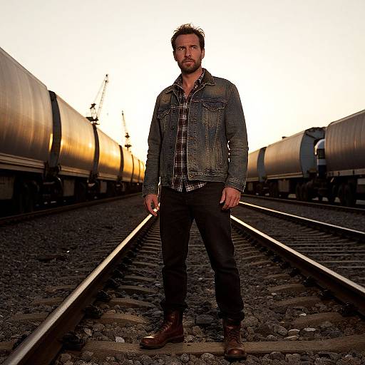 Photograph of a bearded man in a denim jacket and plaid shirt standing on railroad tracks at sunset, flanked by tanker cars.