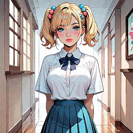 Digital anime-style drawing of a blonde girl with blue eyes, wearing a white blouse and blue skirt, standing in a sunlit, empty hallway.