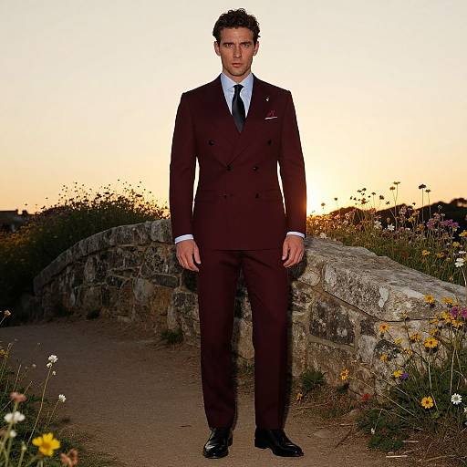 Photograph of a serious, dark-haired man in a brown double-breasted suit and white shirt, standing on a stone pathway at sunset, surrounded by