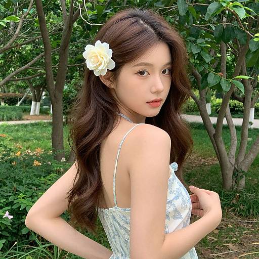Photograph of an Asian woman with long, wavy brown hair, white flower in hair, wearing a white lace dress, standing in a lush green