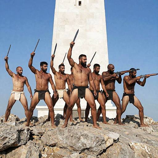 Epic Battle Scene on Rocky Terrain