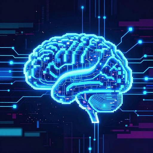 Pixelated AI Brain with Glowing Circuits