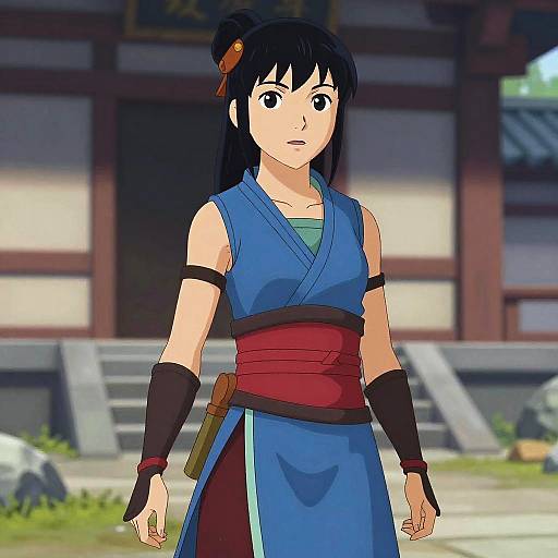 Anime-style digital drawing of a young woman with black hair, wearing a blue kimono with red sash, black arm bands, and a brown pouch