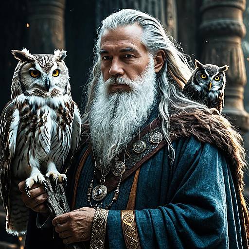Ancient Wizard with Mystical Owl