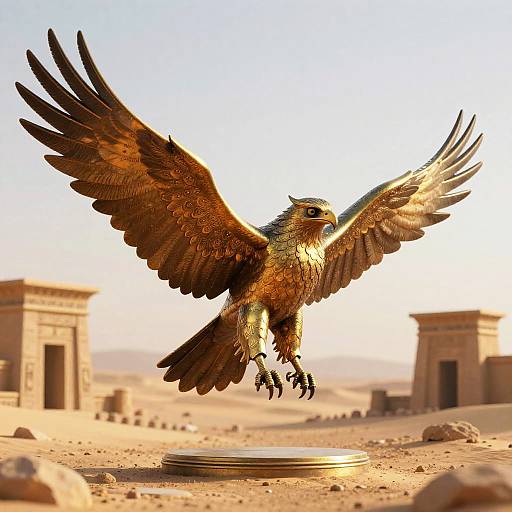 Photorealistic digital artwork of a majestic golden brown eagle with outstretched wings mid-flight above ancient desert ruins. Sunlight illuminates the scene.