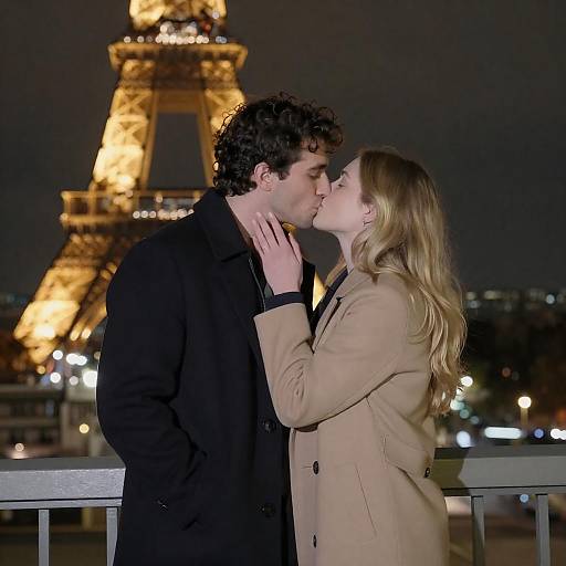 Couple Kissing at Night by Eiffel Tower
