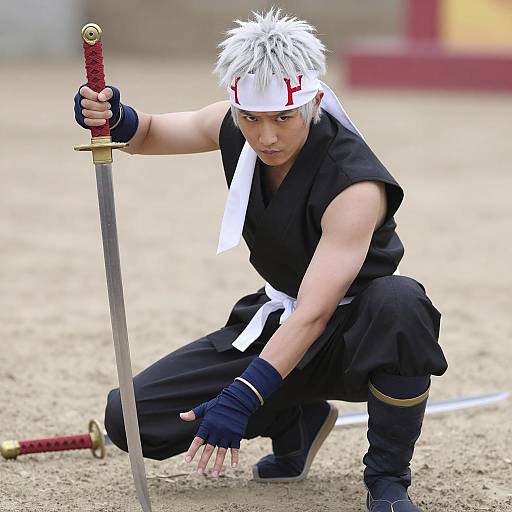 Male Ninja in Crouching Stance with Sword