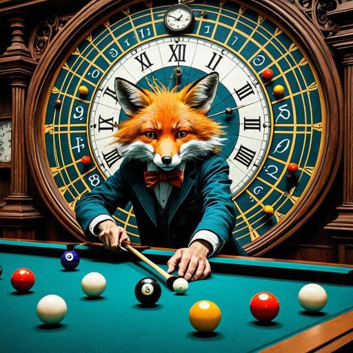 Surreal Fox Playing Billiards in Fantasy Clockroom