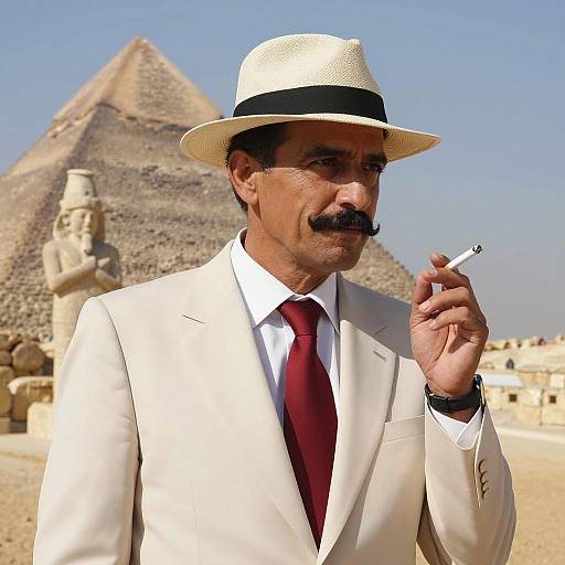 Man in Cream Suit with Cigarette by Pyramid